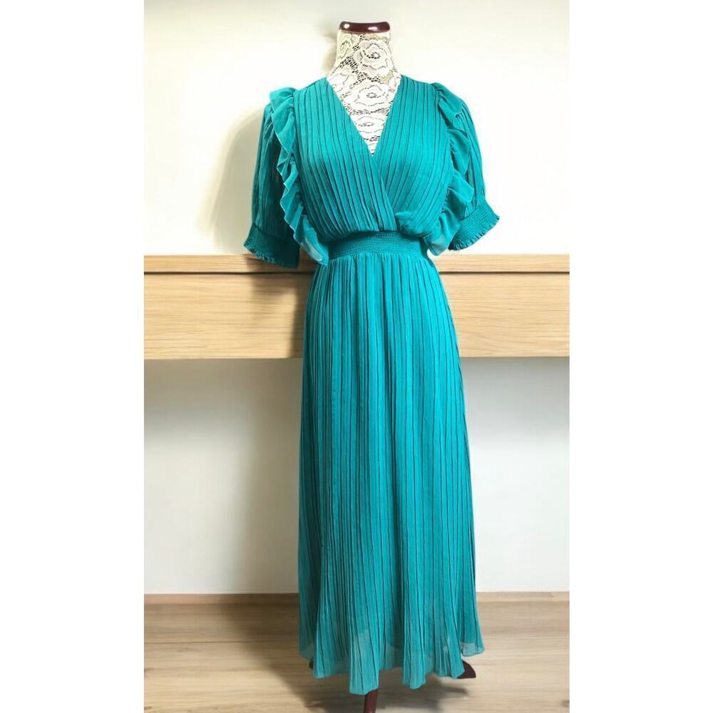Zara pleated midi dress v-neckline flutter sleeves wide, elastic waistband sz S